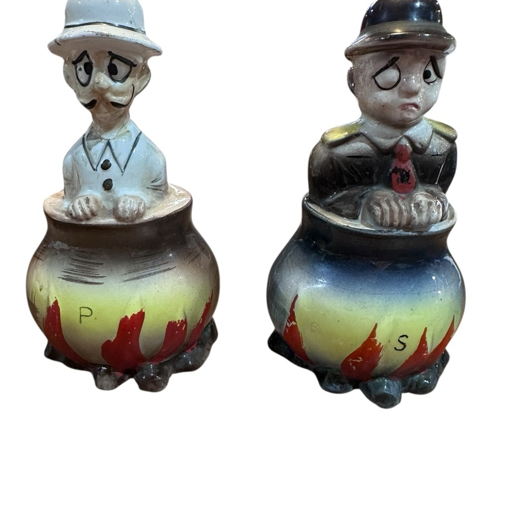 Vintage Japan Salt & Pepper Shakers Men in Boiling Pots Ceramic Anthropomorphic